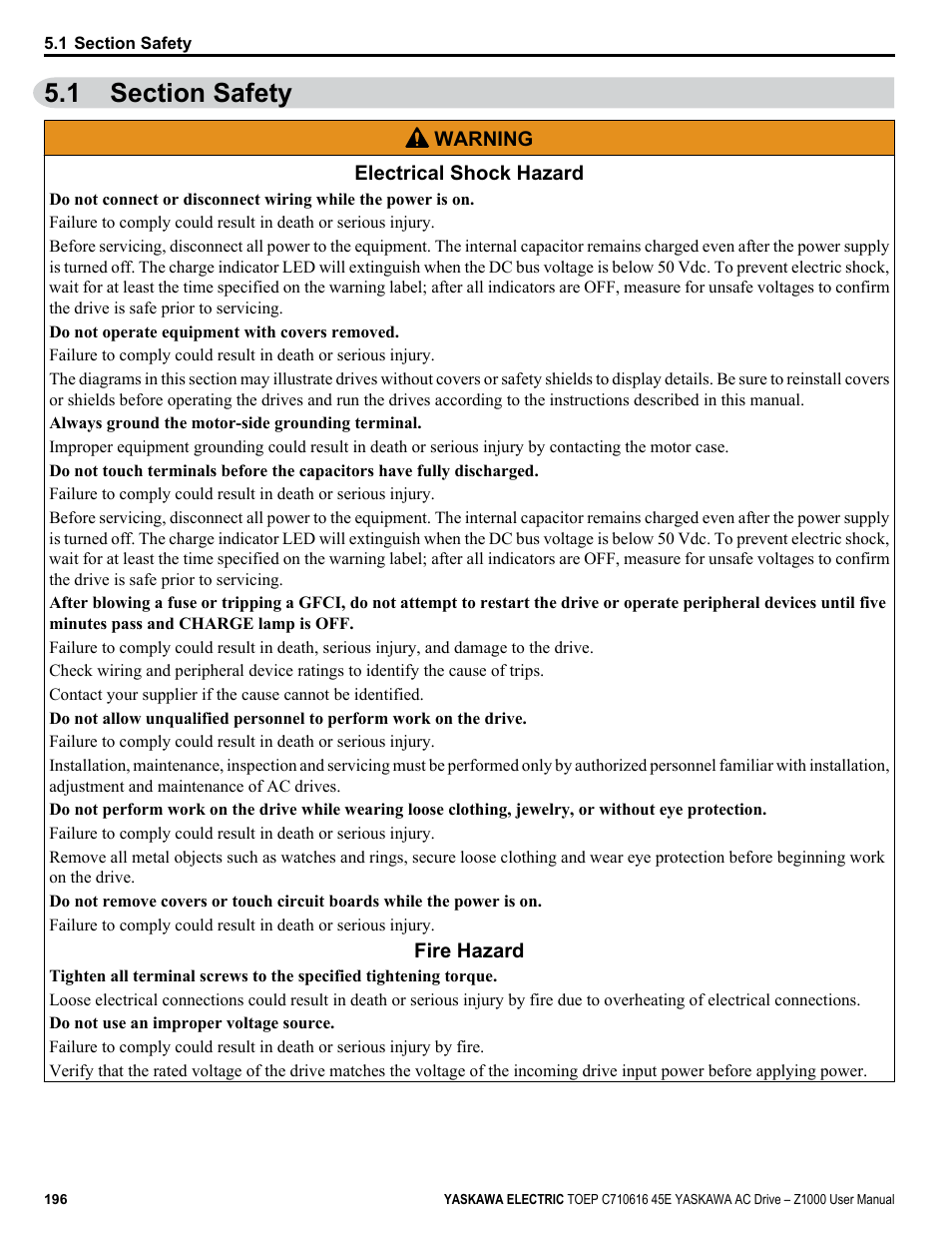1 section safety, Section safety | Yaskawa AC Drive Z1000 User Manual | Page 196 / 395