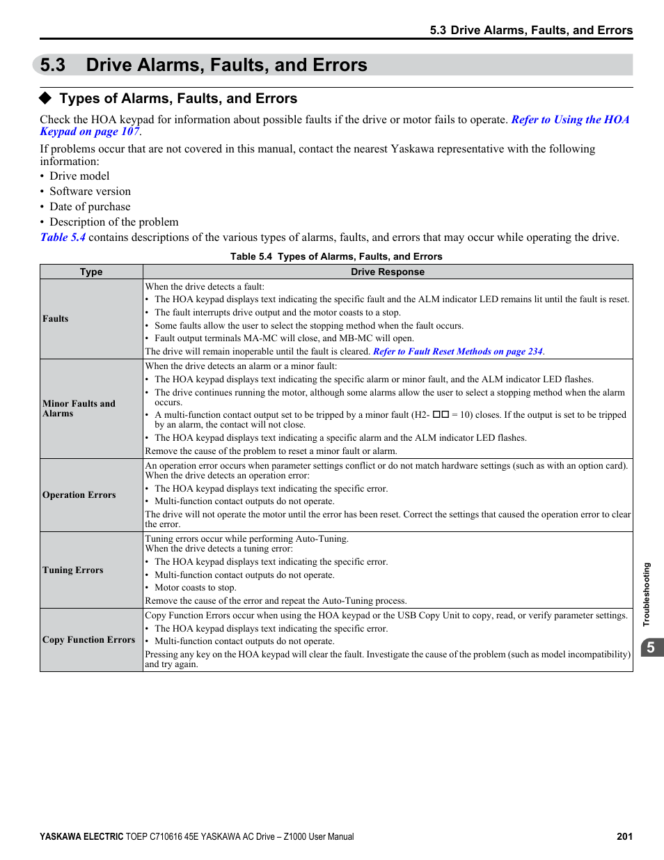 3 drive alarms, faults, and errors, Types of alarms, faults, and errors, Drive alarms, faults, and errors | Yaskawa AC Drive Z1000 User Manual | Page 201 / 395