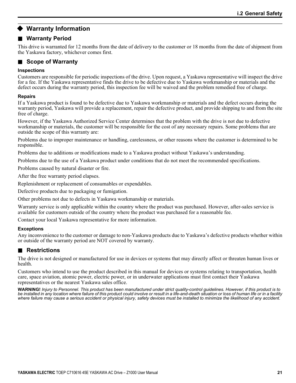 Warranty information | Yaskawa AC Drive Z1000 User Manual | Page 21 / 395