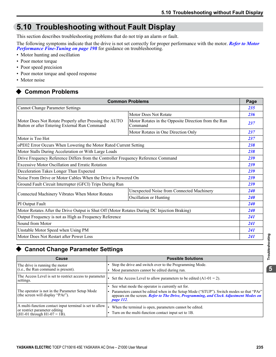 10 troubleshooting without fault display, Common problems, Cannot change parameter settings | Yaskawa AC Drive Z1000 User Manual | Page 235 / 395