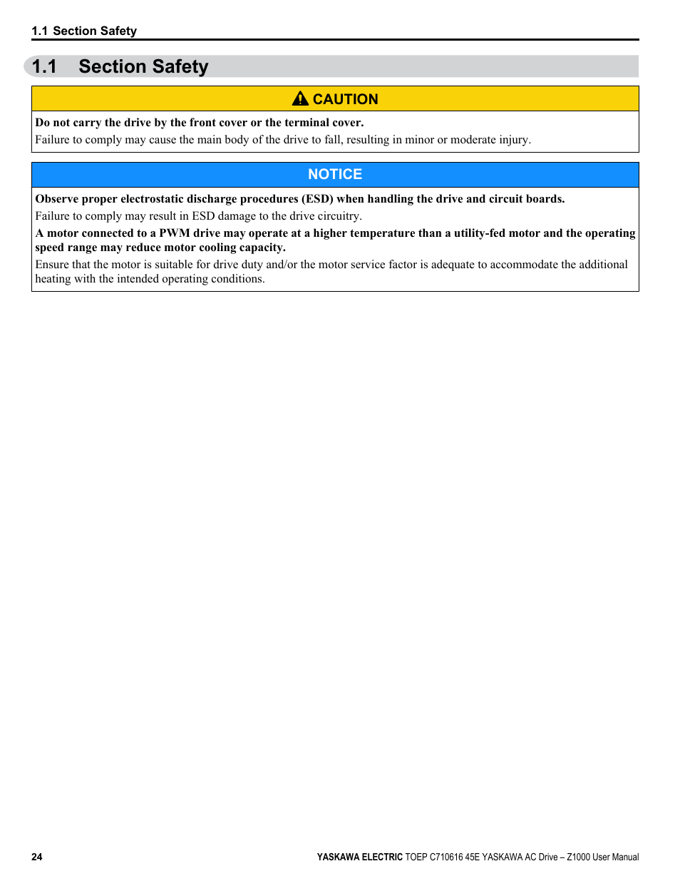 1 section safety, Section safety | Yaskawa AC Drive Z1000 User Manual | Page 24 / 395