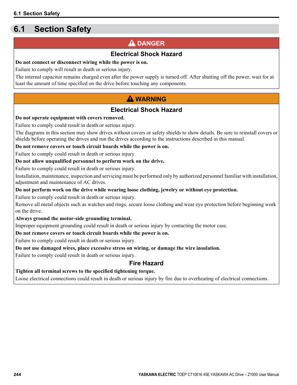 1 section safety, Section safety | Yaskawa AC Drive Z1000 User Manual | Page 244 / 395