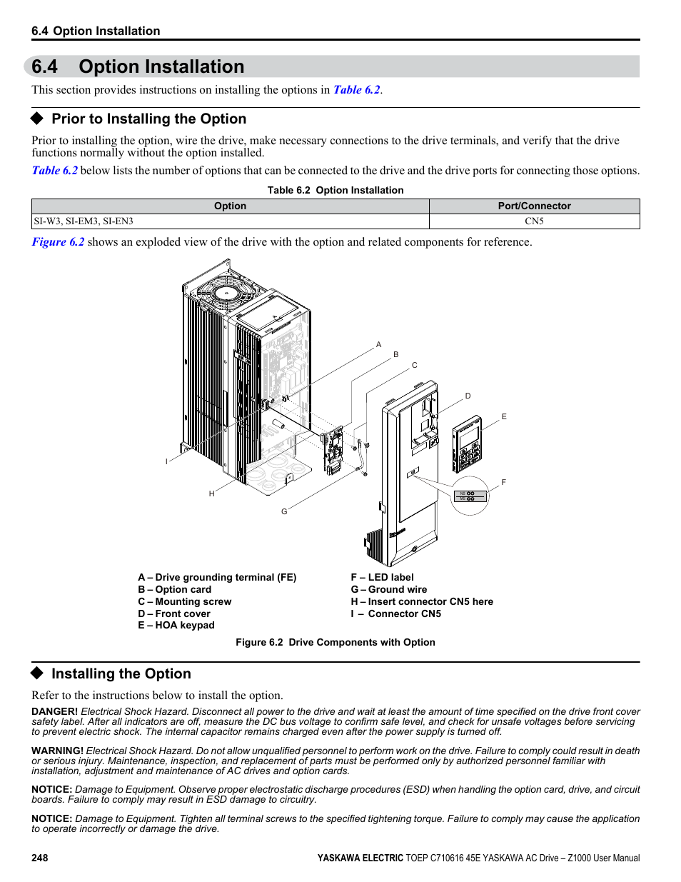 4 option installation, Prior to installing the option, Installing the option | Option installation | Yaskawa AC Drive Z1000 User Manual | Page 248 / 395