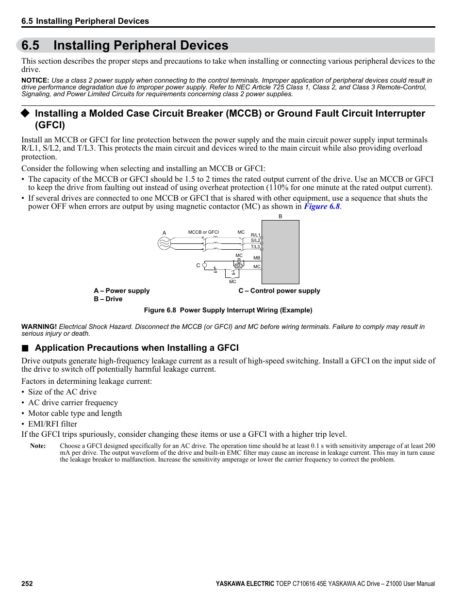 5 installing peripheral devices, Refer to installing a molded case circuit breaker, Installing peripheral devices | Application precautions when installing a gfci | Yaskawa AC Drive Z1000 User Manual | Page 252 / 395