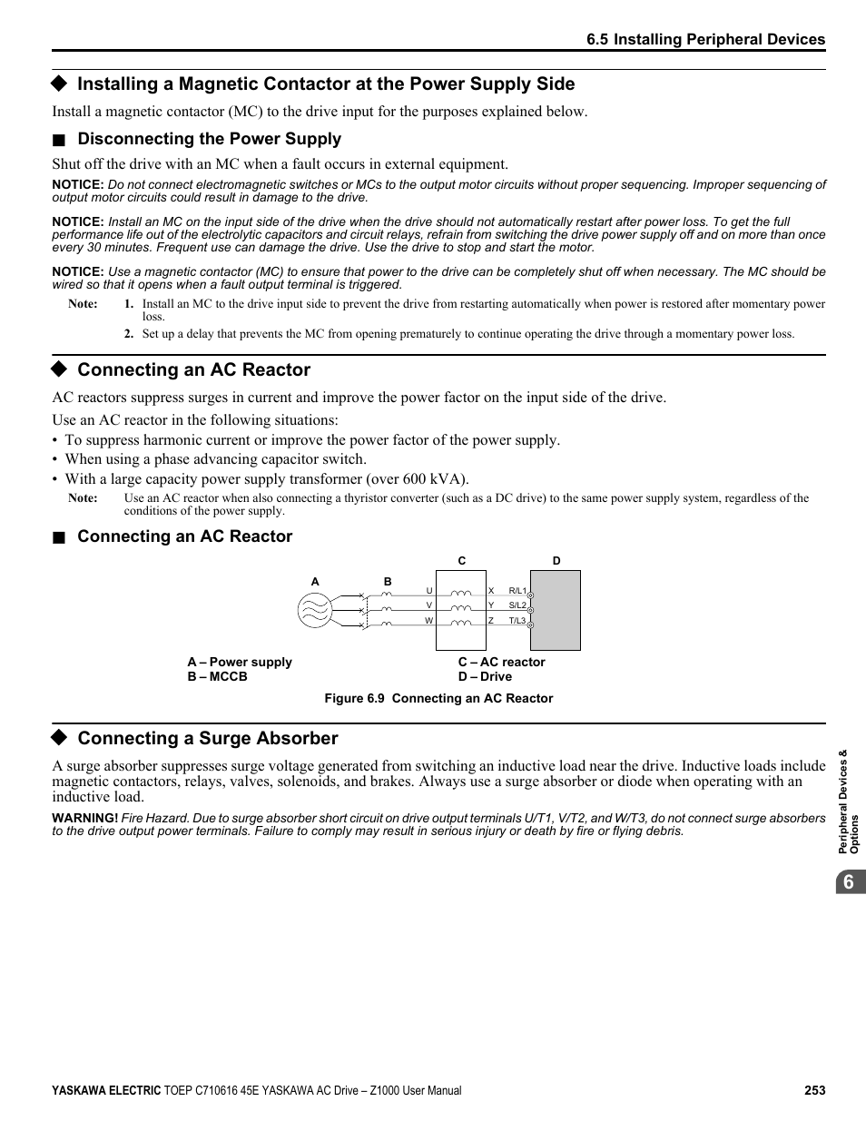 Connecting an ac reactor, Connecting a surge absorber, Equipment | Yaskawa AC Drive Z1000 User Manual | Page 253 / 395