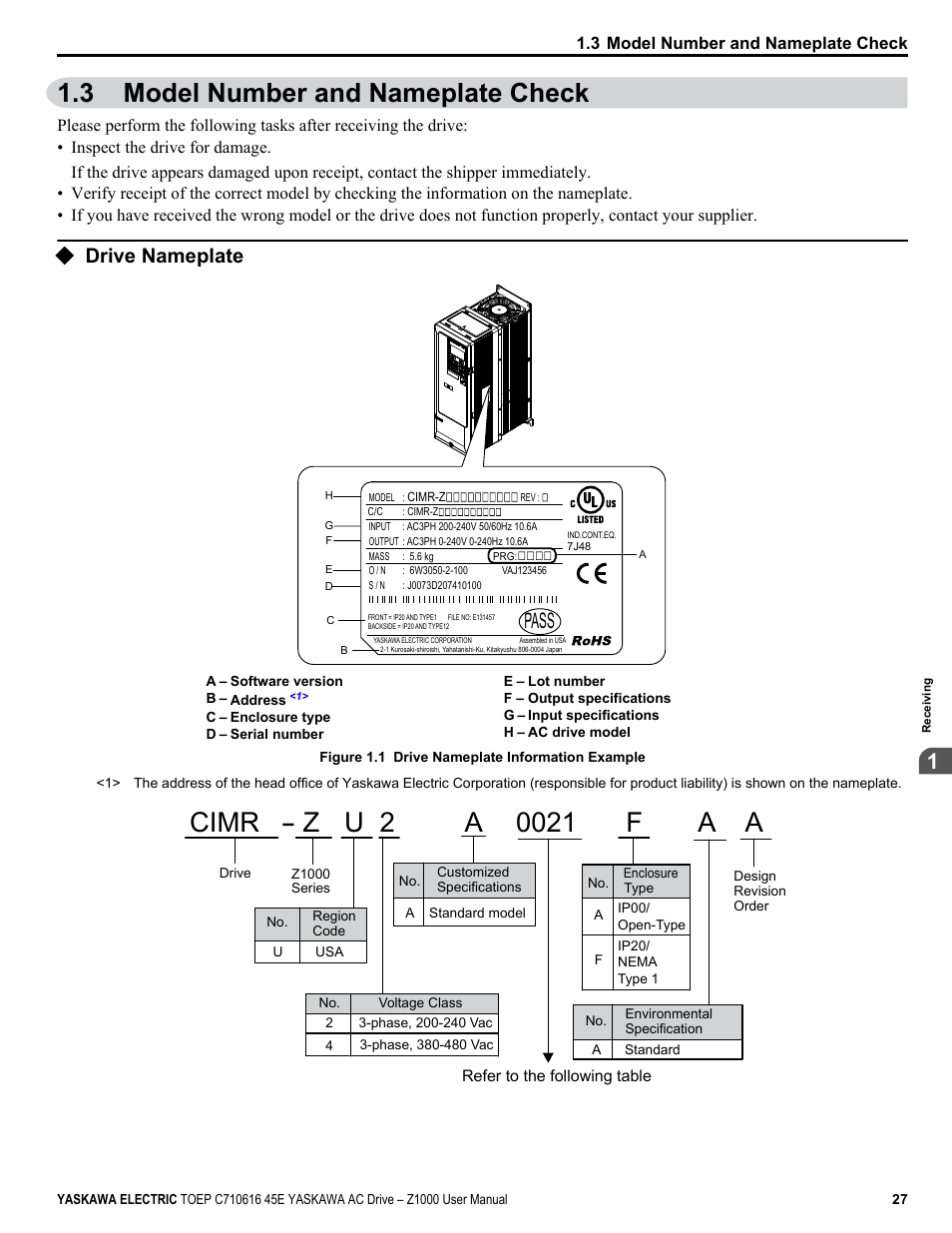 3 model number and nameplate check, Drive nameplate, Model number and nameplate check | Pass | Yaskawa AC Drive Z1000 User Manual | Page 27 / 395