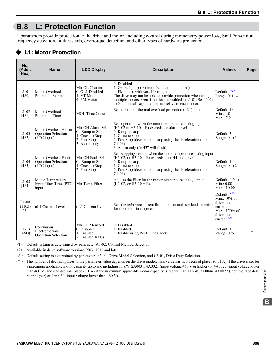 B.8 l: protection function, L1: motor protection | Yaskawa AC Drive Z1000 User Manual | Page 309 / 395