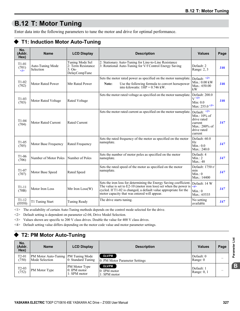 B.12 t: motor tuning, T1: induction motor auto-tuning, T2: pm motor auto-tuning | Yaskawa AC Drive Z1000 User Manual | Page 327 / 395