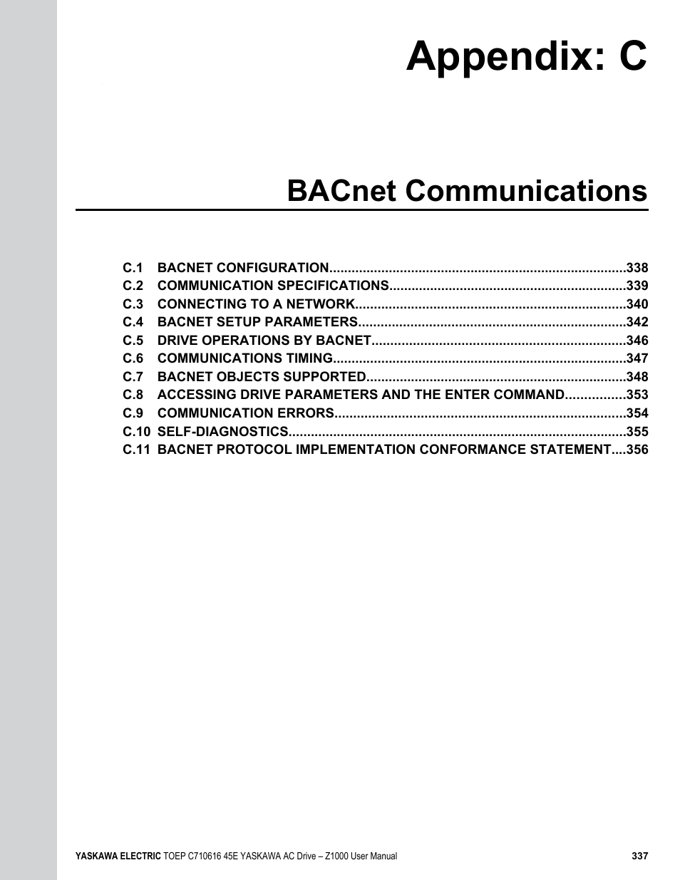 Appendix: c bacnet communications, C. bacnet communications, Appendix: c | Bacnet communications | Yaskawa AC Drive Z1000 User Manual | Page 337 / 395
