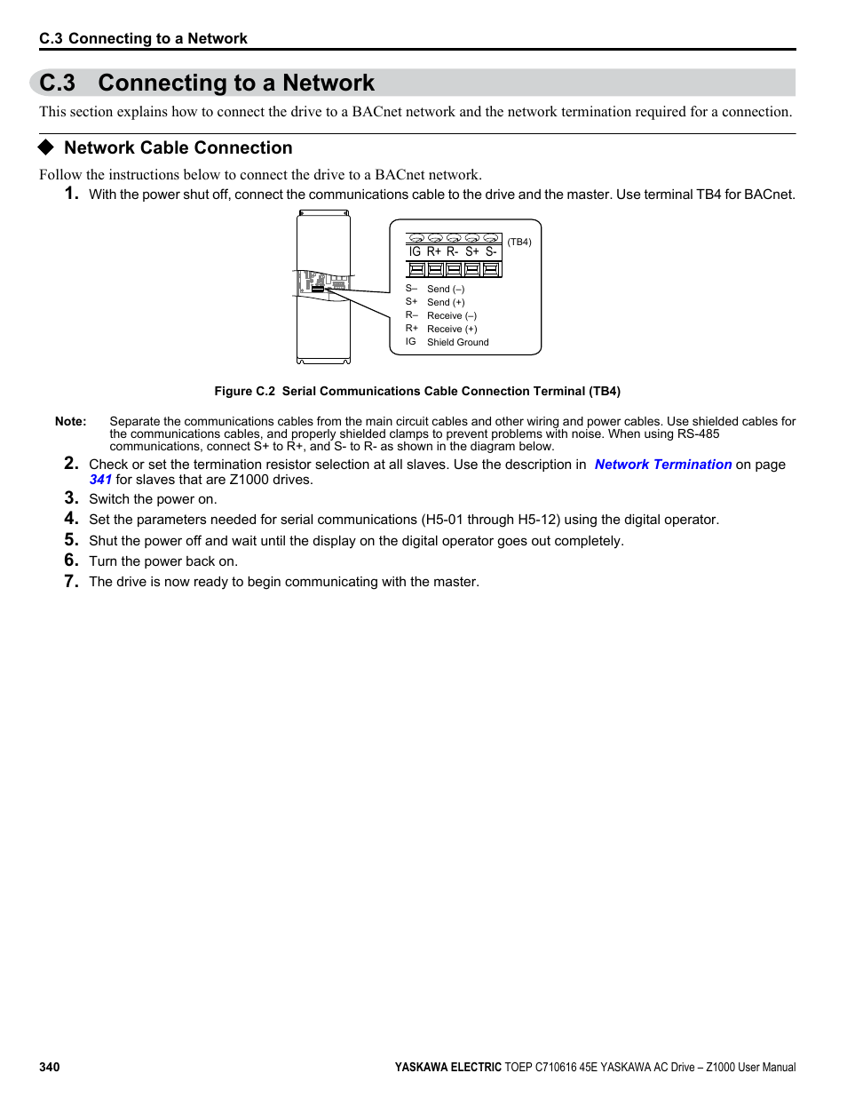 C.3 connecting to a network, Network cable connection | Yaskawa AC Drive Z1000 User Manual | Page 340 / 395