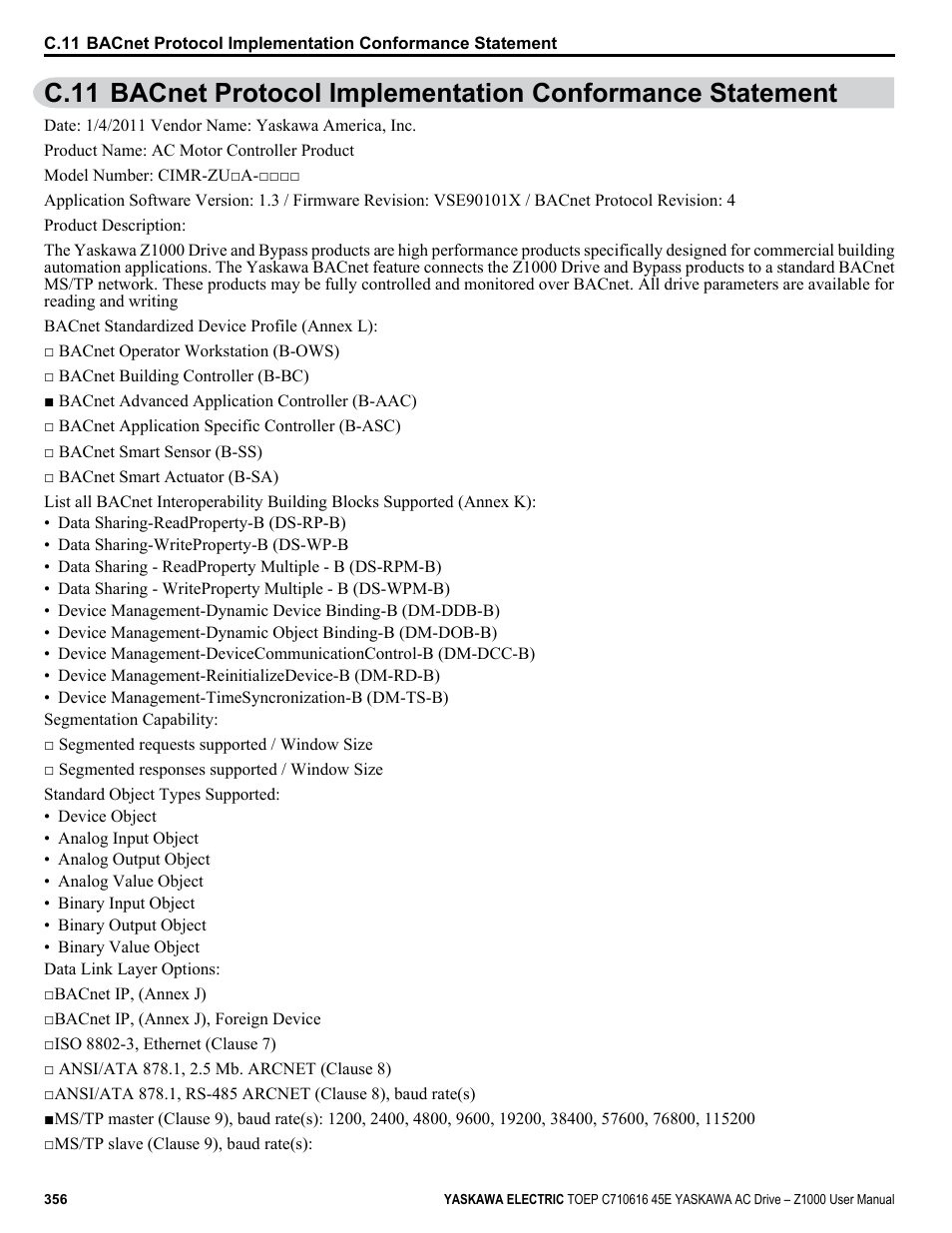 Yaskawa AC Drive Z1000 User Manual | Page 356 / 395