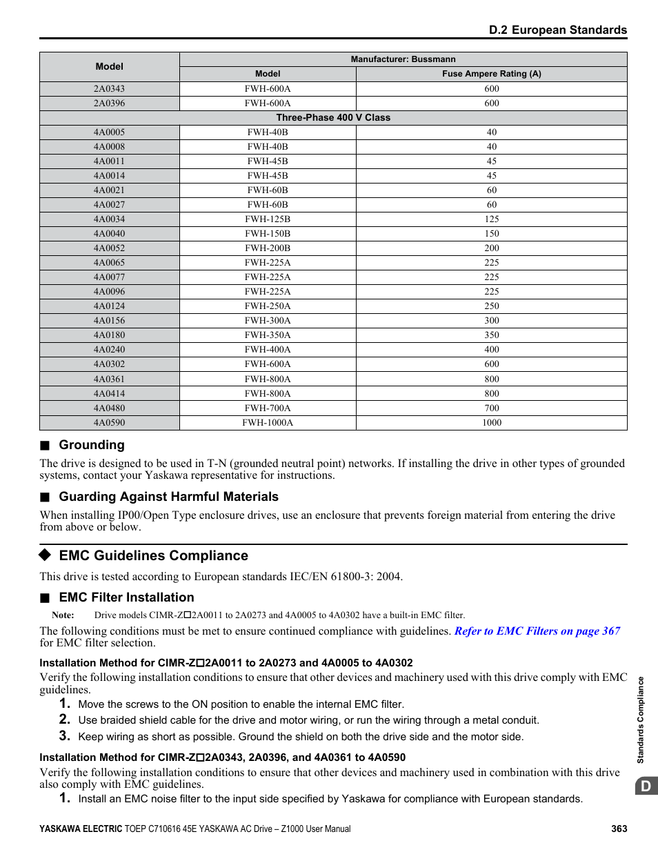 Emc guidelines compliance | Yaskawa AC Drive Z1000 User Manual | Page 363 / 395