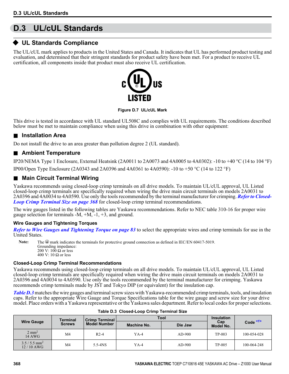 D.3 ul/cul standards, Ul standards compliance, Crimping | Refer to closed, For closed-loop crimp terminal recommendations | Yaskawa AC Drive Z1000 User Manual | Page 368 / 395
