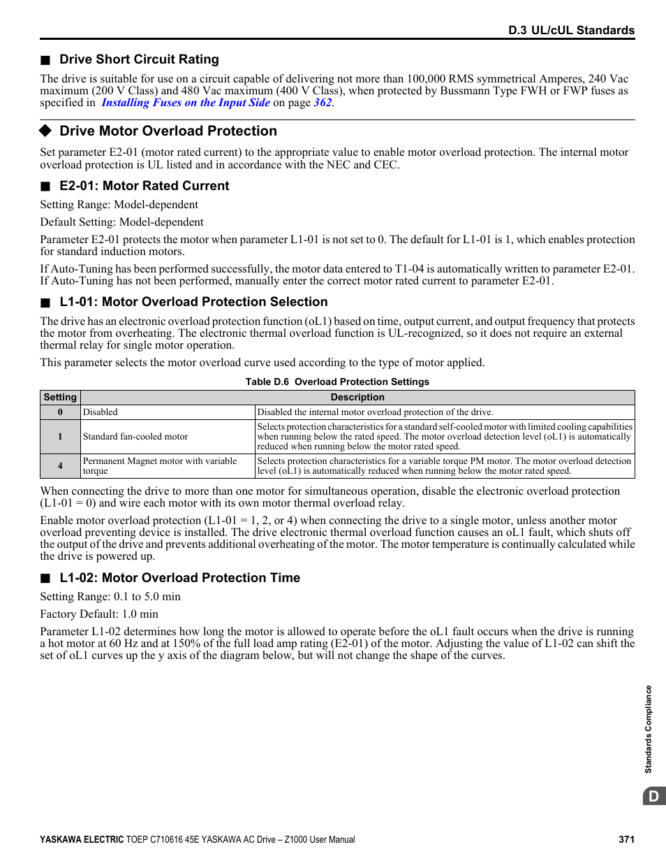 Drive motor overload protection | Yaskawa AC Drive Z1000 User Manual | Page 371 / 395