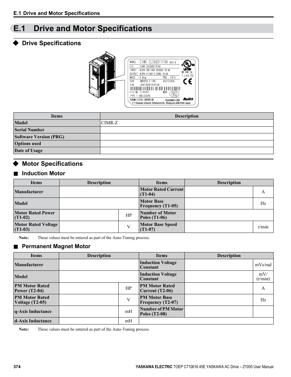 E.1 drive and motor specifications, Drive specifications, Motor specifications | Yaskawa AC Drive Z1000 User Manual | Page 374 / 395