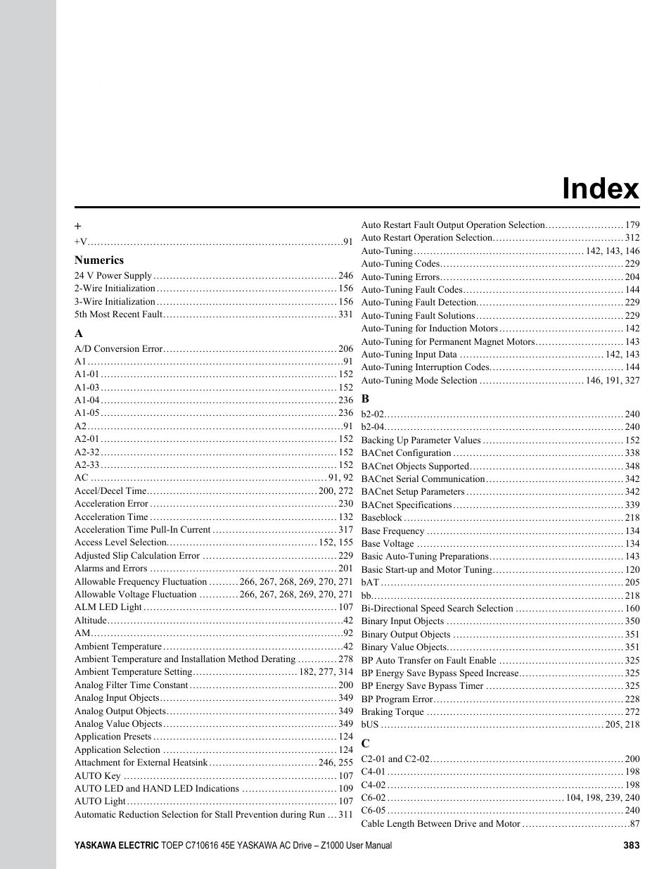 Index, Numerics | Yaskawa AC Drive Z1000 User Manual | Page 383 / 395