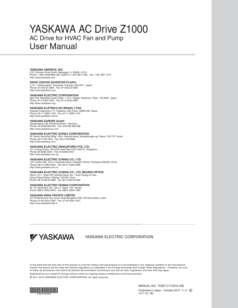 Back cover, Yaskawa ac drive z1000, User manual | Ac drive for hvac fan and pump | Yaskawa AC Drive Z1000 User Manual | Page 395 / 395