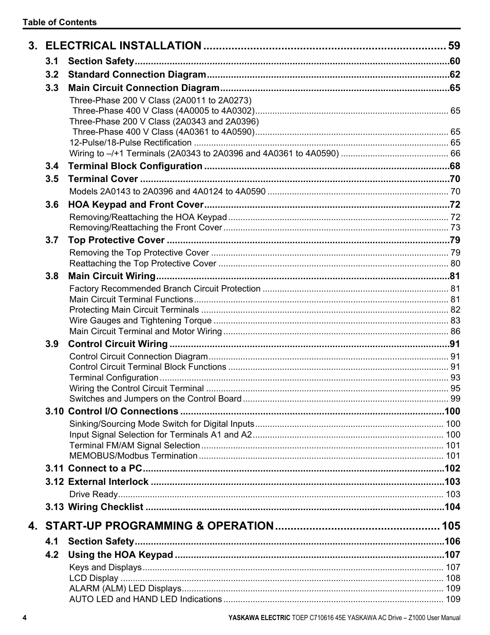 Electrical installation, Start-up programming & operation | Yaskawa AC Drive Z1000 User Manual | Page 4 / 395