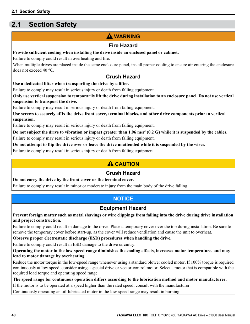 1 section safety, Section safety | Yaskawa AC Drive Z1000 User Manual | Page 40 / 395