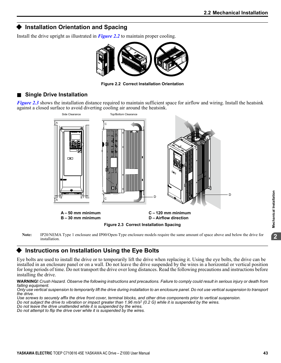 Installation orientation and spacing, Instructions on installation using the eye bolts, Single drive installation | Yaskawa AC Drive Z1000 User Manual | Page 43 / 395