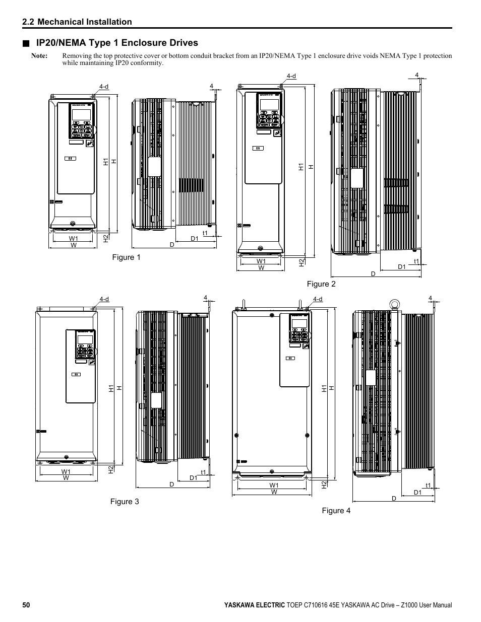 Ip20/nema type 1 enclosure drives, 2 mechanical installation | Yaskawa AC Drive Z1000 User Manual | Page 50 / 395