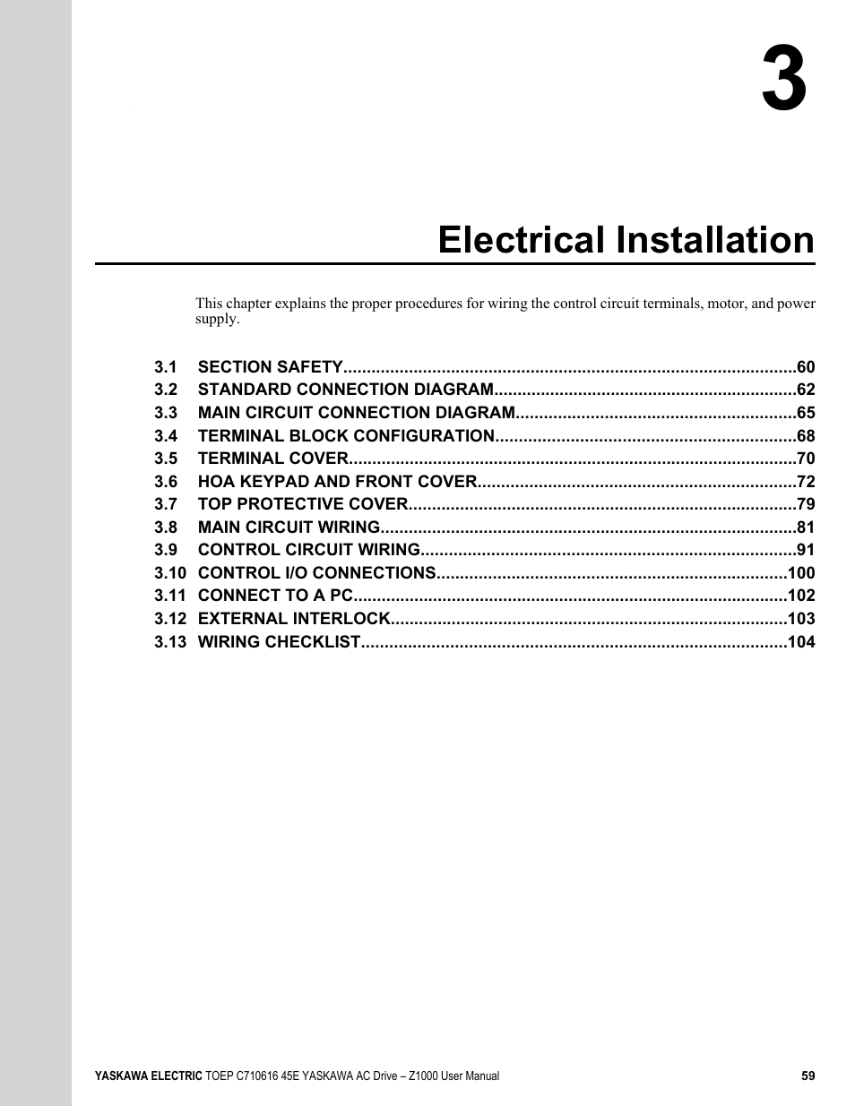 3 electrical installation, Electrical installation | Yaskawa AC Drive Z1000 User Manual | Page 59 / 395