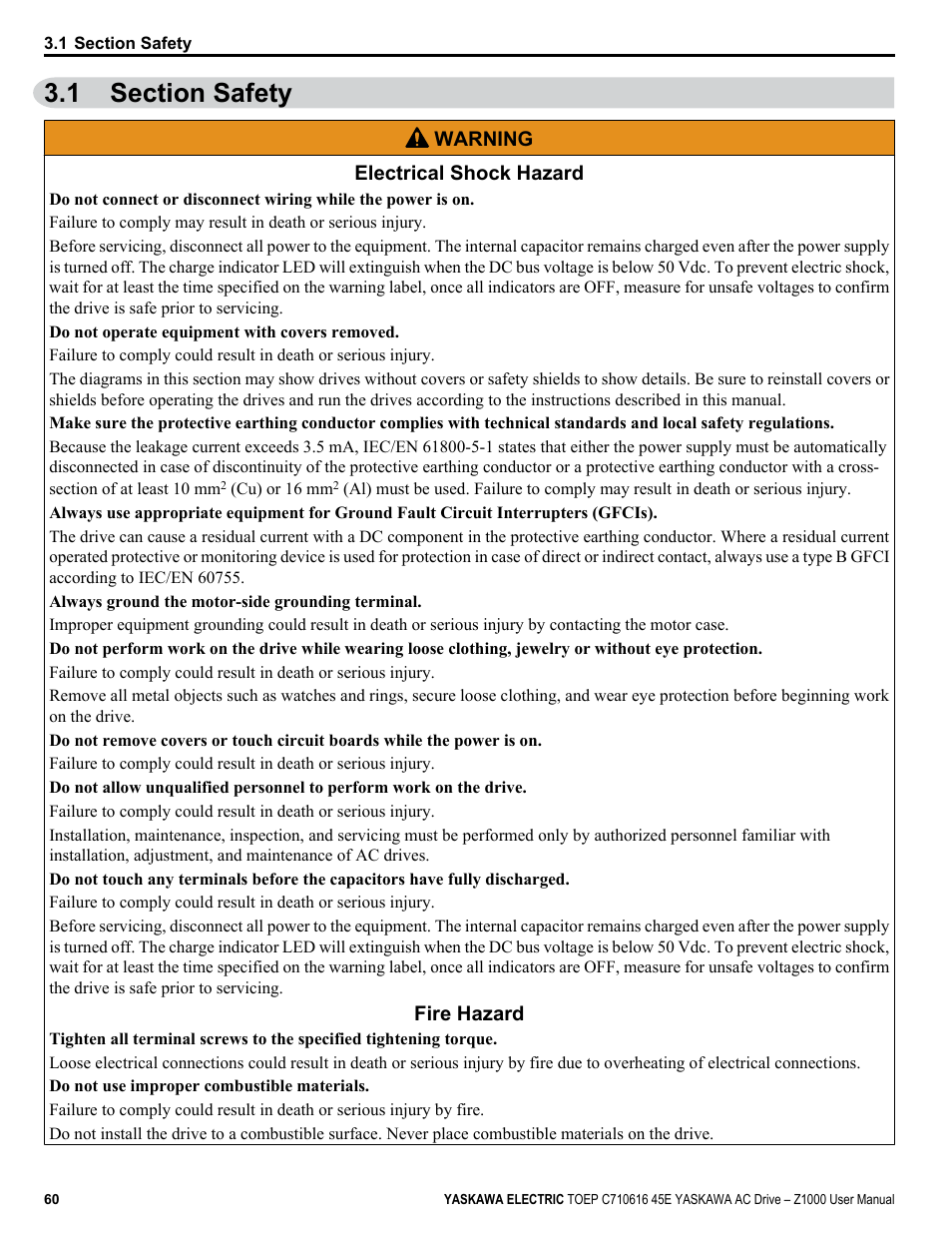 1 section safety, Section safety | Yaskawa AC Drive Z1000 User Manual | Page 60 / 395