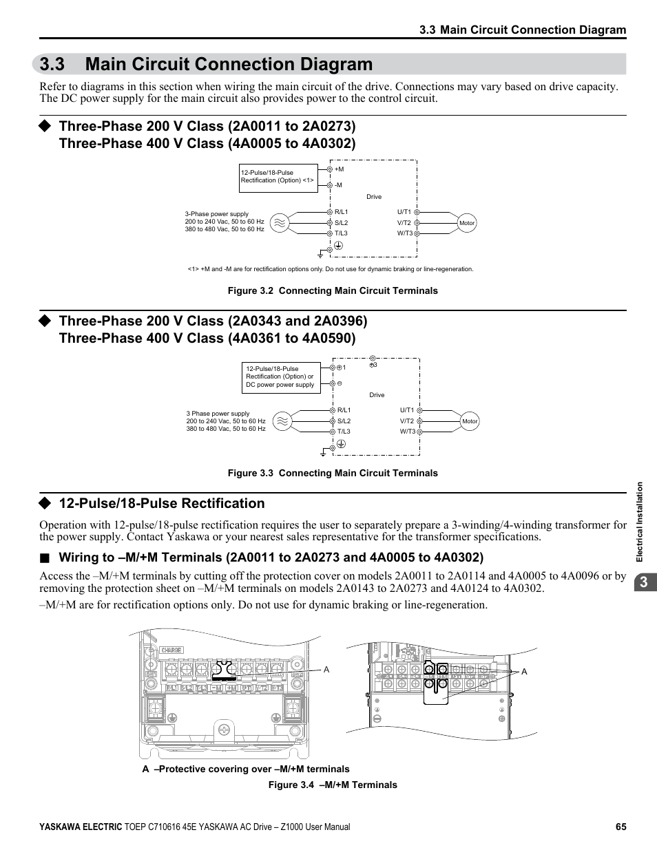 3 main circuit connection diagram, Pulse/18-pulse rectification, Three-phase 200 v class (2a0011 to 2a0273) | Three-phase 400 v class (4a0005 to 4a0302), Three-phase 200 v class (2a0343 and 2a0396), Three-phase 400 v class (4a0361 to 4a0590), Main circuit connection diagram | Yaskawa AC Drive Z1000 User Manual | Page 65 / 395