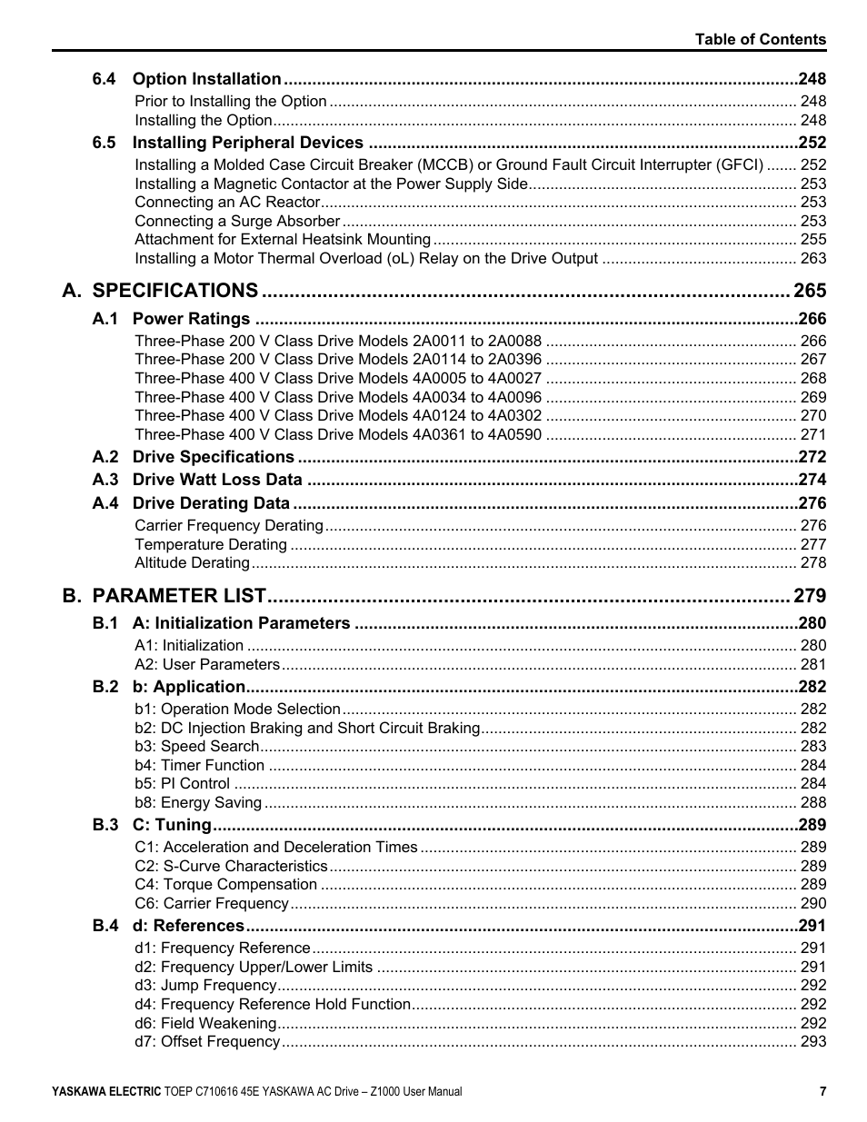 A. specifications, B. parameter list | Yaskawa AC Drive Z1000 User Manual | Page 7 / 395