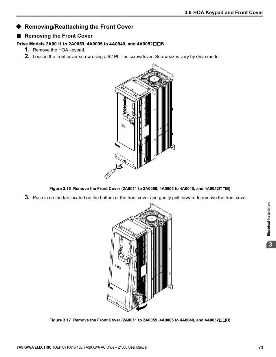 Removing/reattaching the front cover | Yaskawa AC Drive Z1000 User Manual | Page 73 / 395