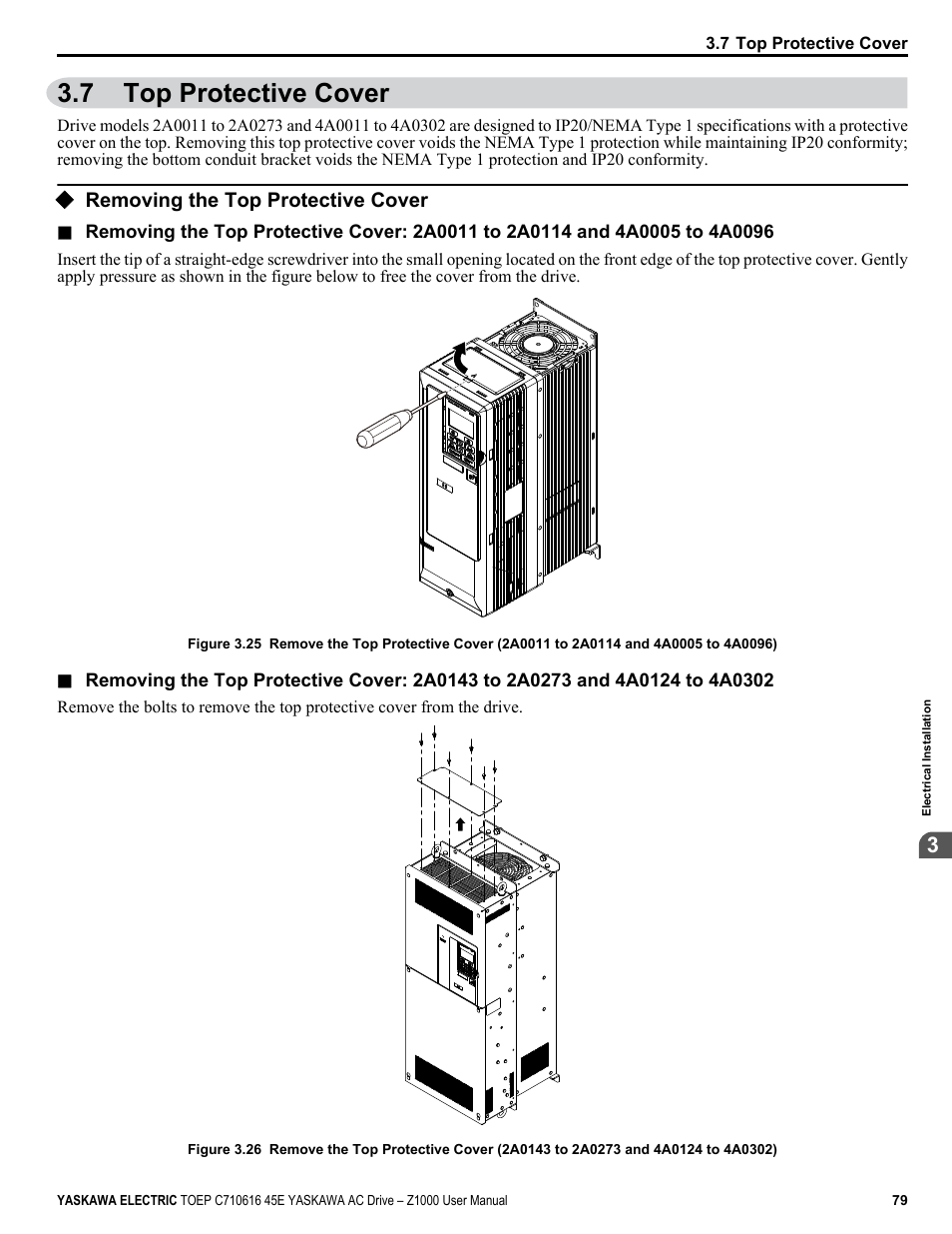 7 top protective cover, Removing the top protective cover, Top protective cover | Yaskawa AC Drive Z1000 User Manual | Page 79 / 395