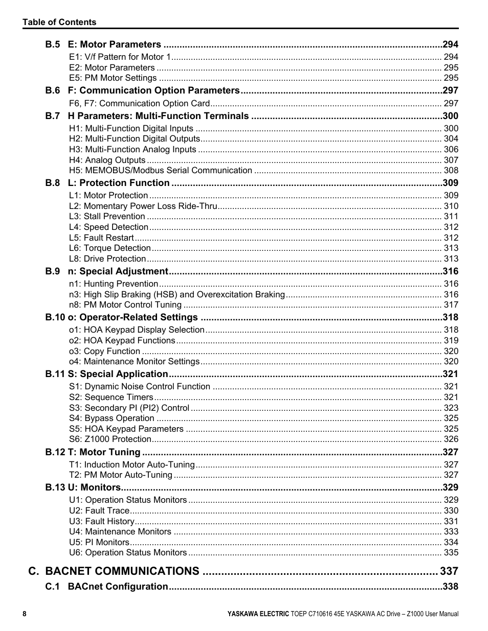 C. bacnet communications | Yaskawa AC Drive Z1000 User Manual | Page 8 / 395