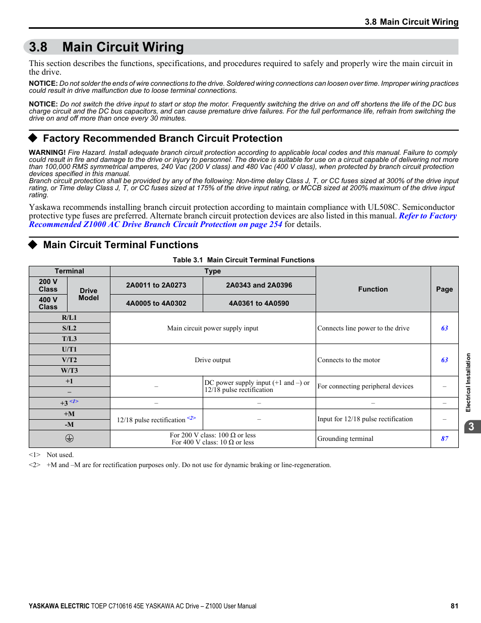 8 main circuit wiring, Factory recommended branch circuit protection, Main circuit terminal functions | Main circuit wiring | Yaskawa AC Drive Z1000 User Manual | Page 81 / 395
