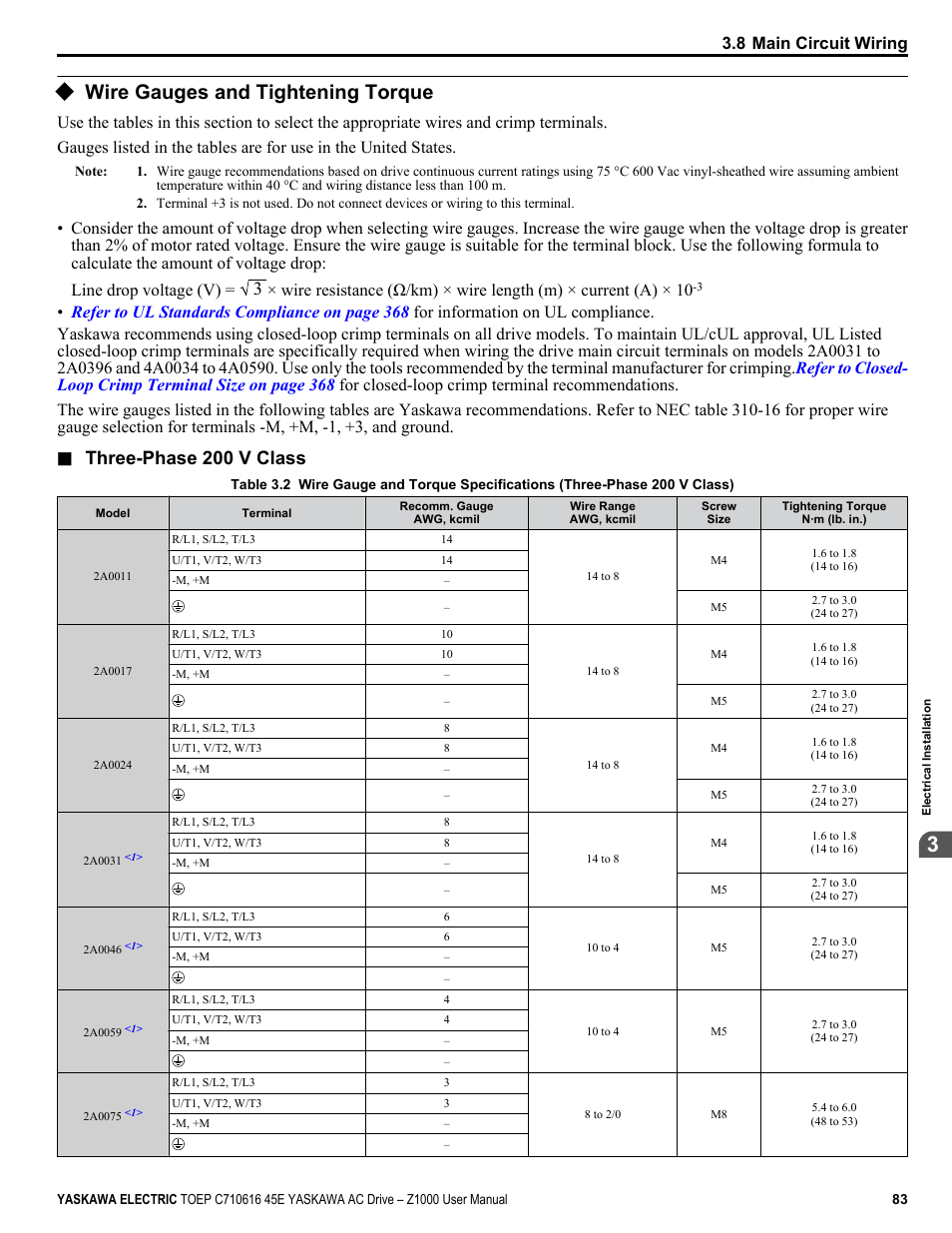 Wire gauges and tightening torque, Three-phase 200 v class, 8 main circuit wiring | Yaskawa AC Drive Z1000 User Manual | Page 83 / 395