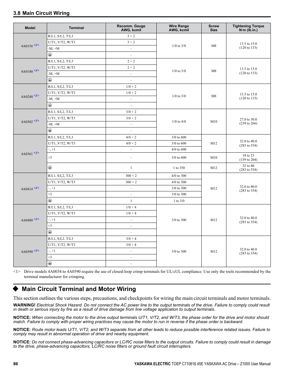 Main circuit terminal and motor wiring, 8 main circuit wiring | Yaskawa AC Drive Z1000 User Manual | Page 86 / 395