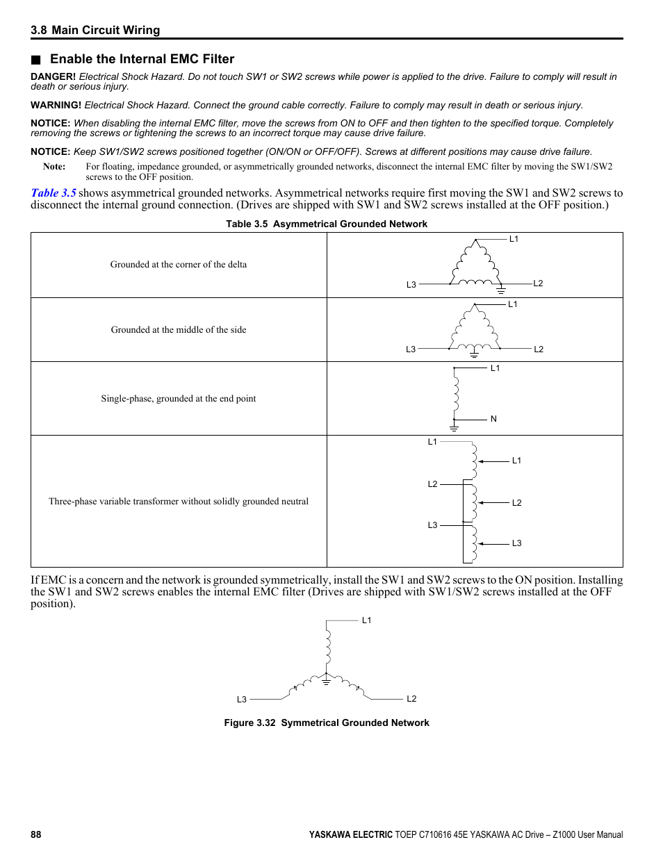 Enable the internal emc filter | Yaskawa AC Drive Z1000 User Manual | Page 88 / 395