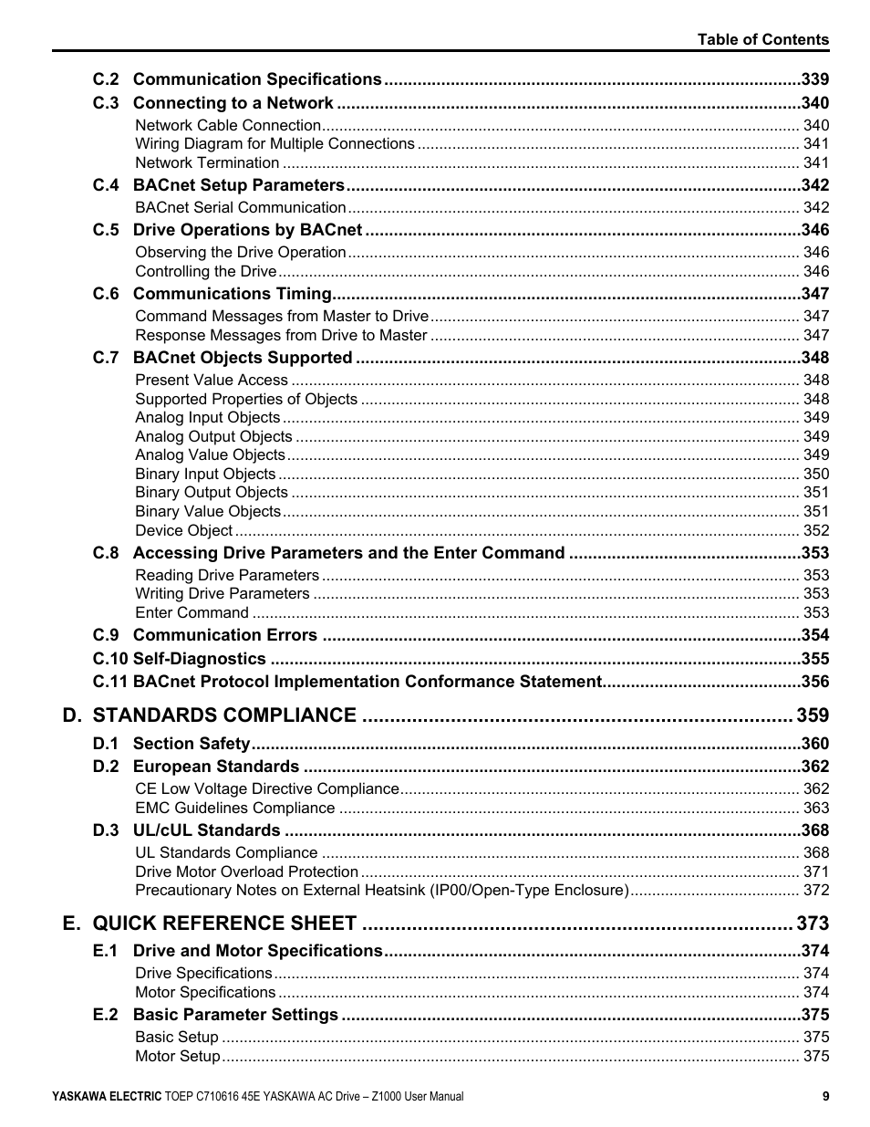 D. standards compliance, E. quick reference sheet | Yaskawa AC Drive Z1000 User Manual | Page 9 / 395