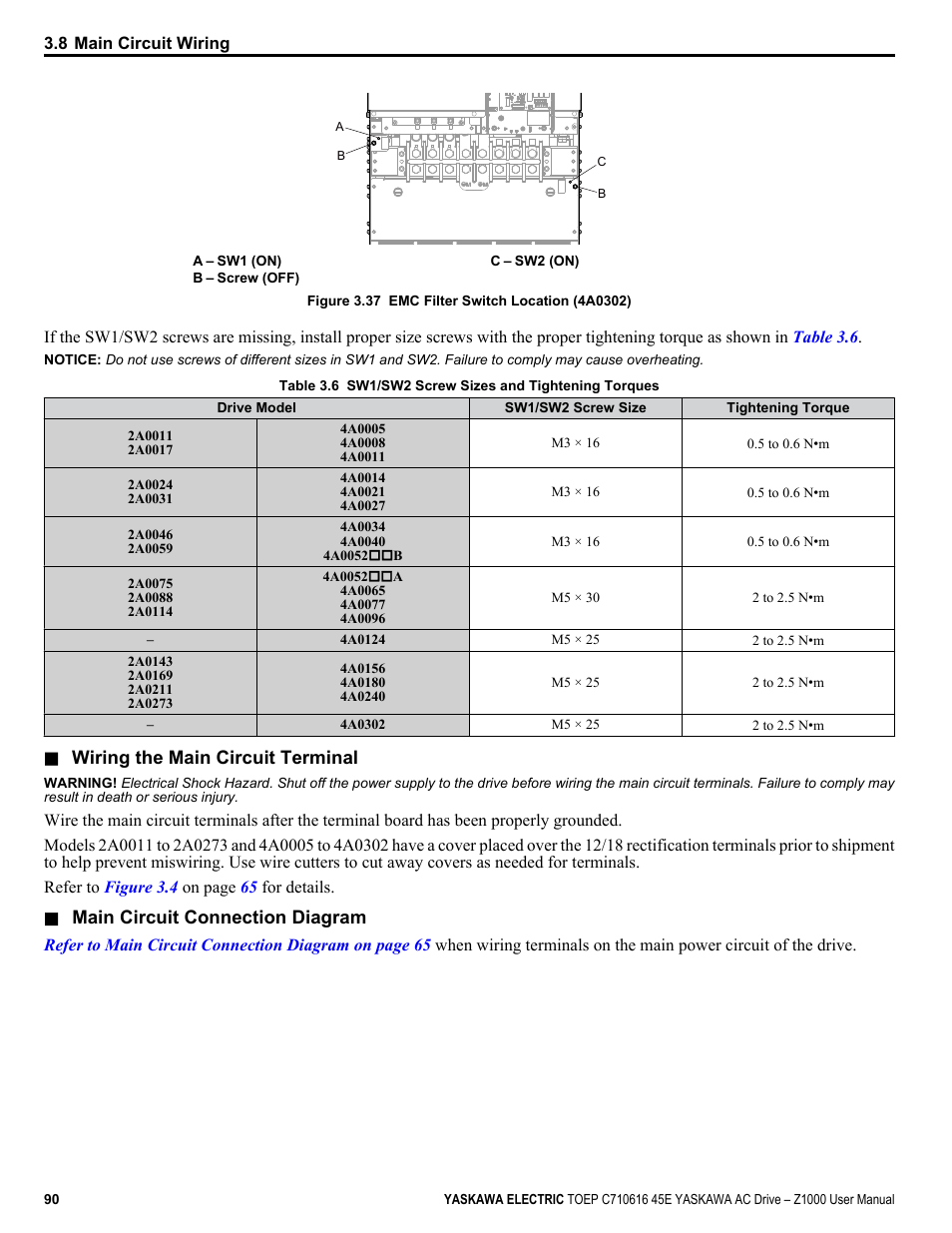 Cover, Refer to wiring, Refer to wiring the main circuit terminal on | Yaskawa AC Drive Z1000 User Manual | Page 90 / 395