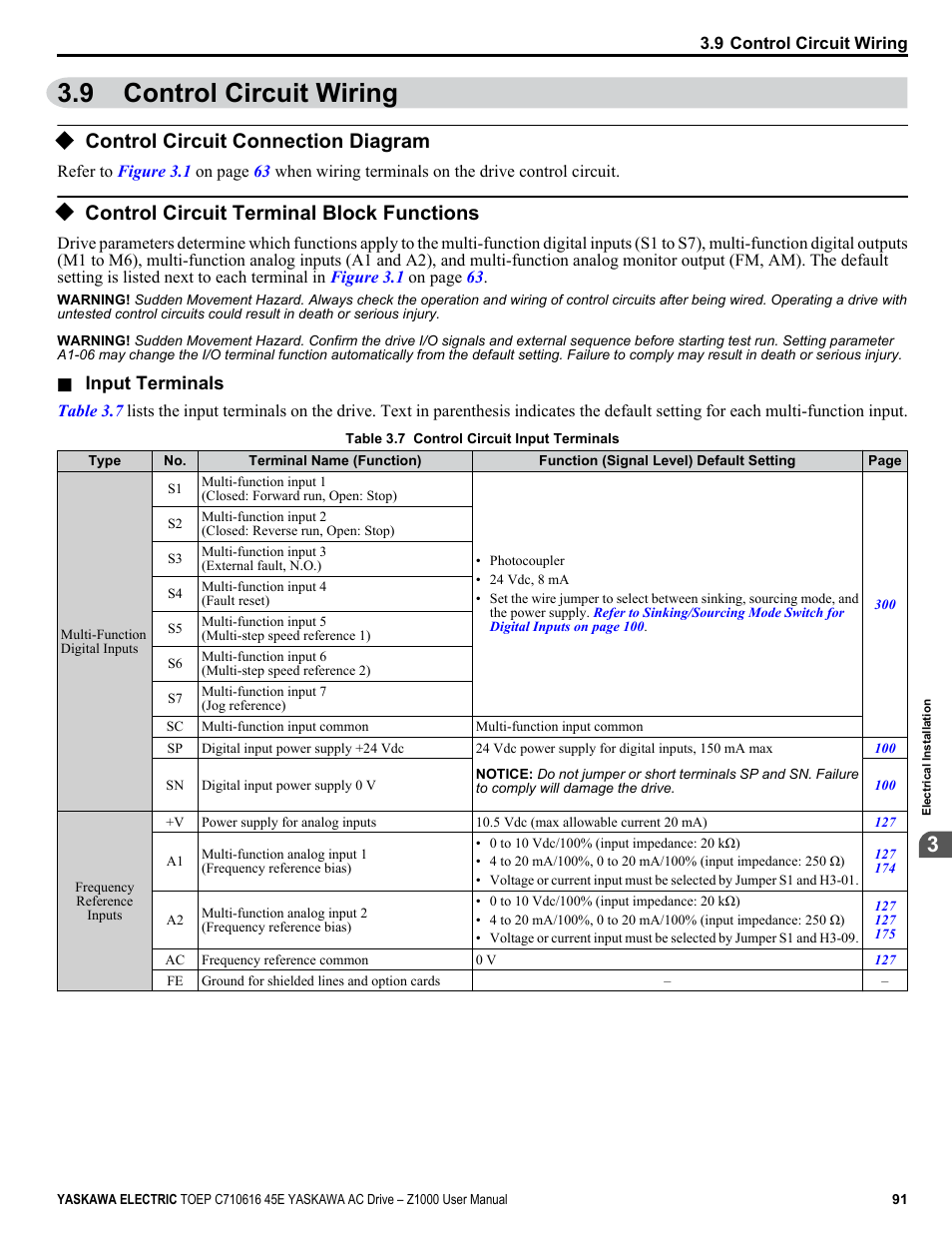 9 control circuit wiring, Control circuit connection diagram, Control circuit terminal block functions | Control circuit wiring | Yaskawa AC Drive Z1000 User Manual | Page 91 / 395
