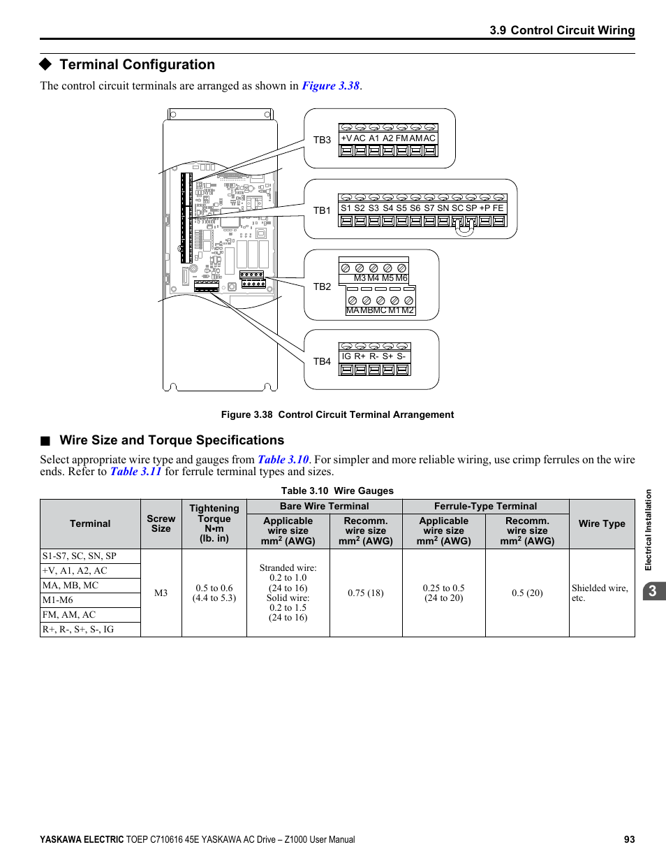 Terminal configuration, Wire size and torque specifications | Yaskawa AC Drive Z1000 User Manual | Page 93 / 395