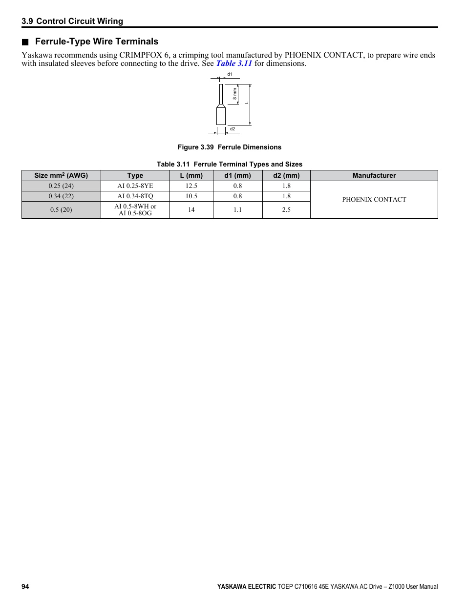 Ends. refer to, Table 3.11, For ferrule terminal types and sizes | Ferrule-type wire terminals | Yaskawa AC Drive Z1000 User Manual | Page 94 / 395