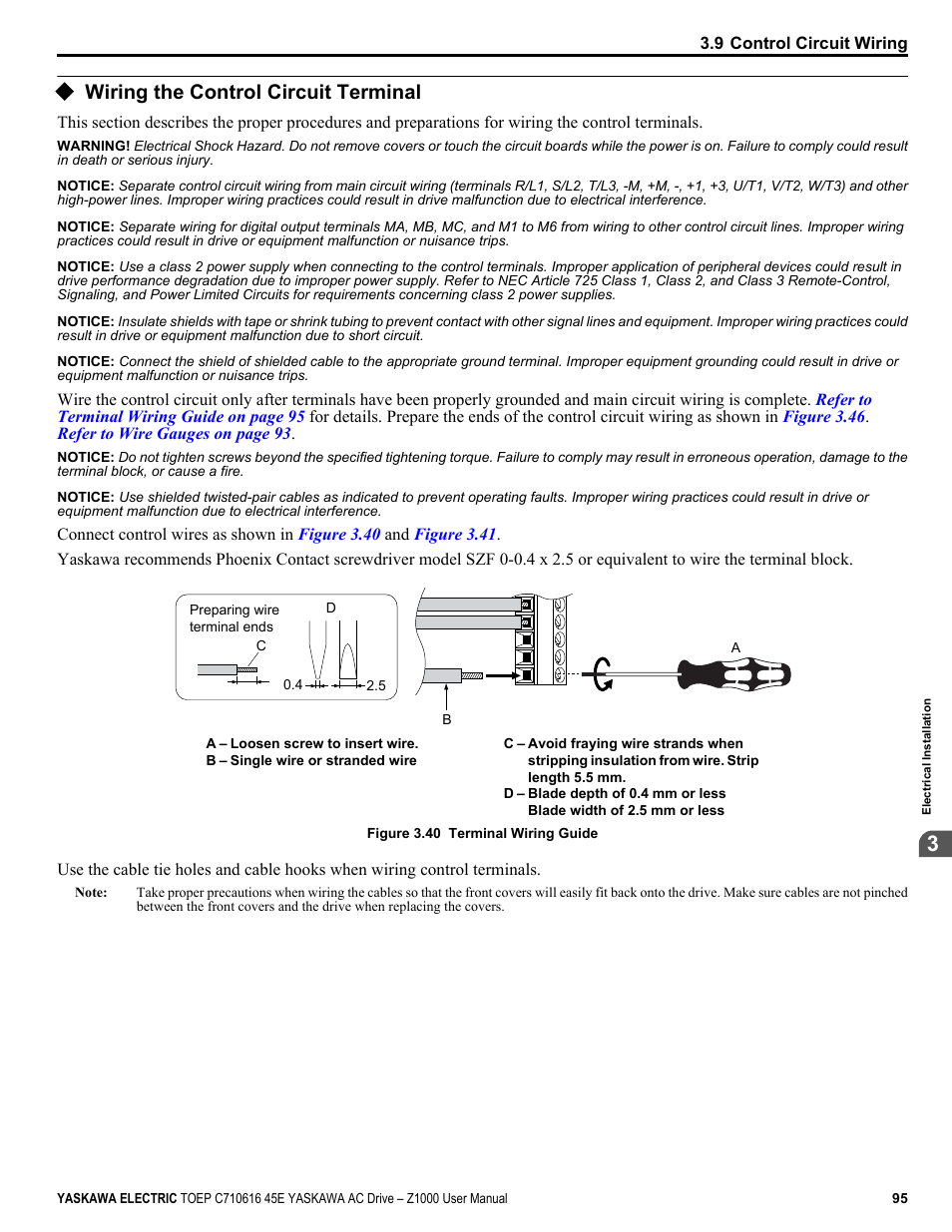 Wiring the control circuit terminal, For details on wiring | Yaskawa AC Drive Z1000 User Manual | Page 95 / 395