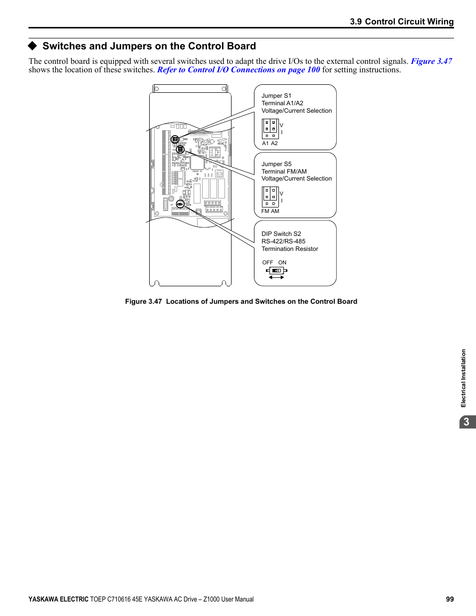 Switches and jumpers on the control board | Yaskawa AC Drive Z1000 User Manual | Page 99 / 395