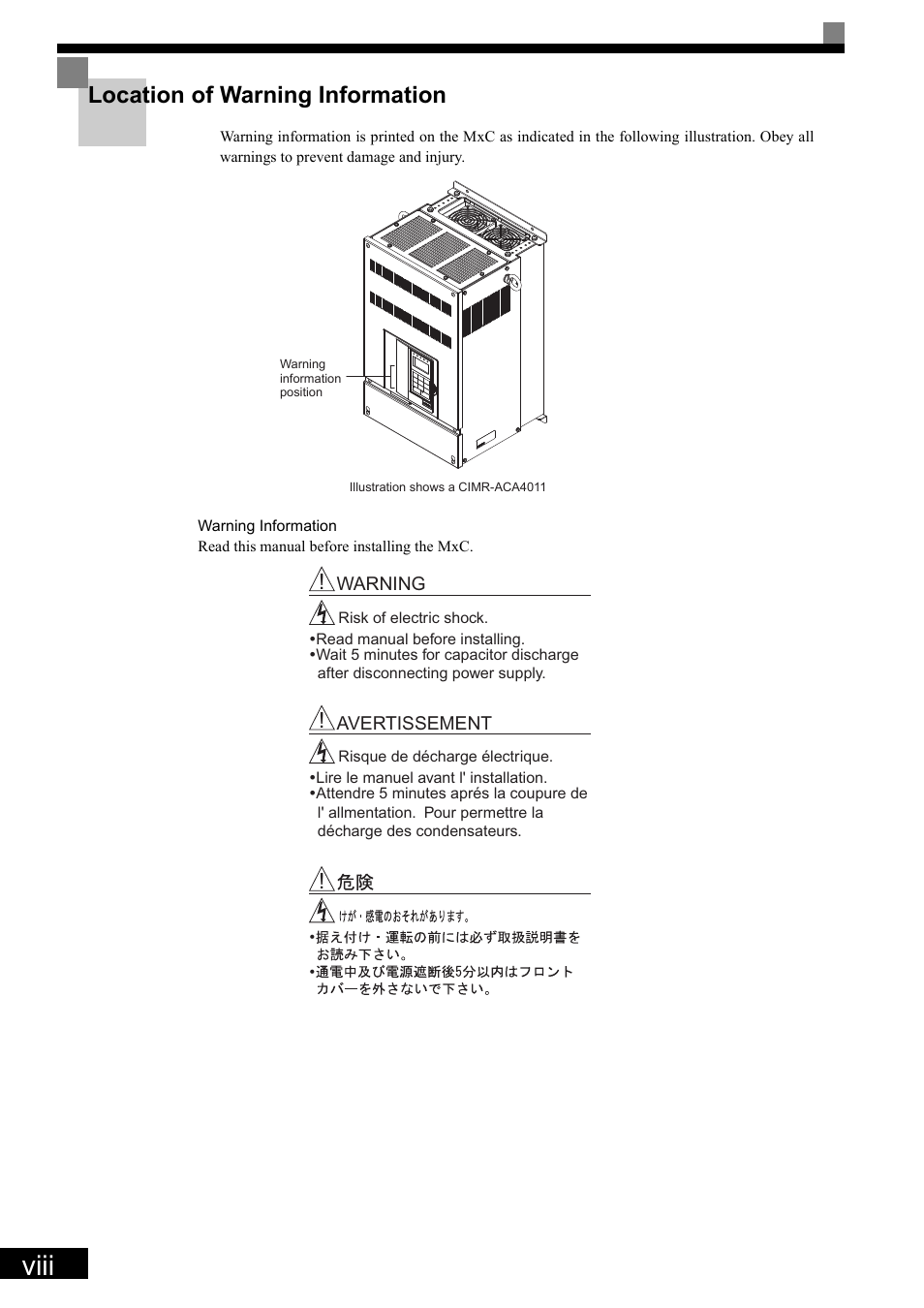 Location of warning information, Viii | Yaskawa Matrix Converter User Manual | Page 10 / 398