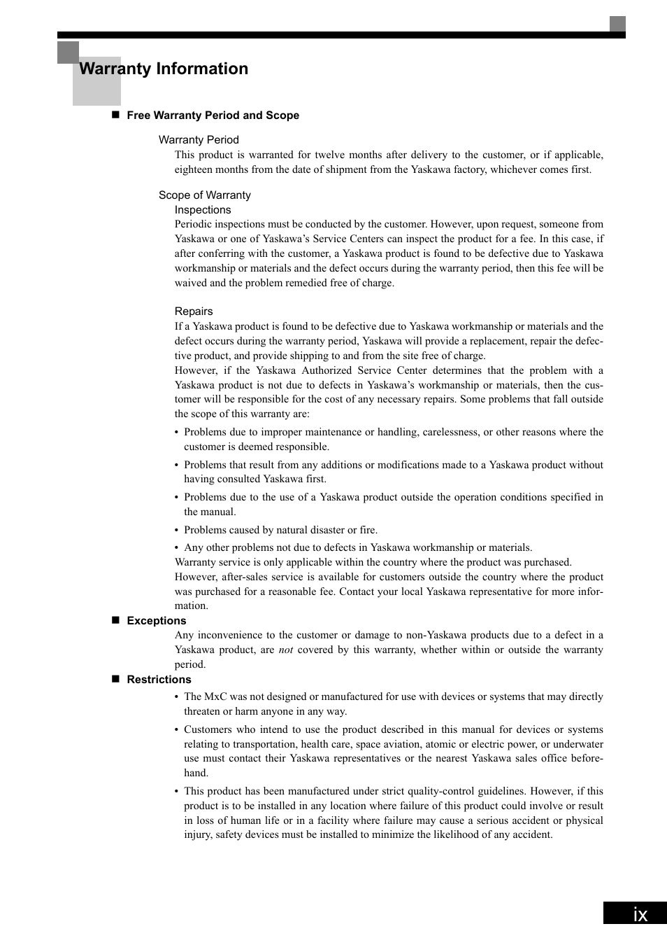 Warranty information | Yaskawa Matrix Converter User Manual | Page 11 / 398