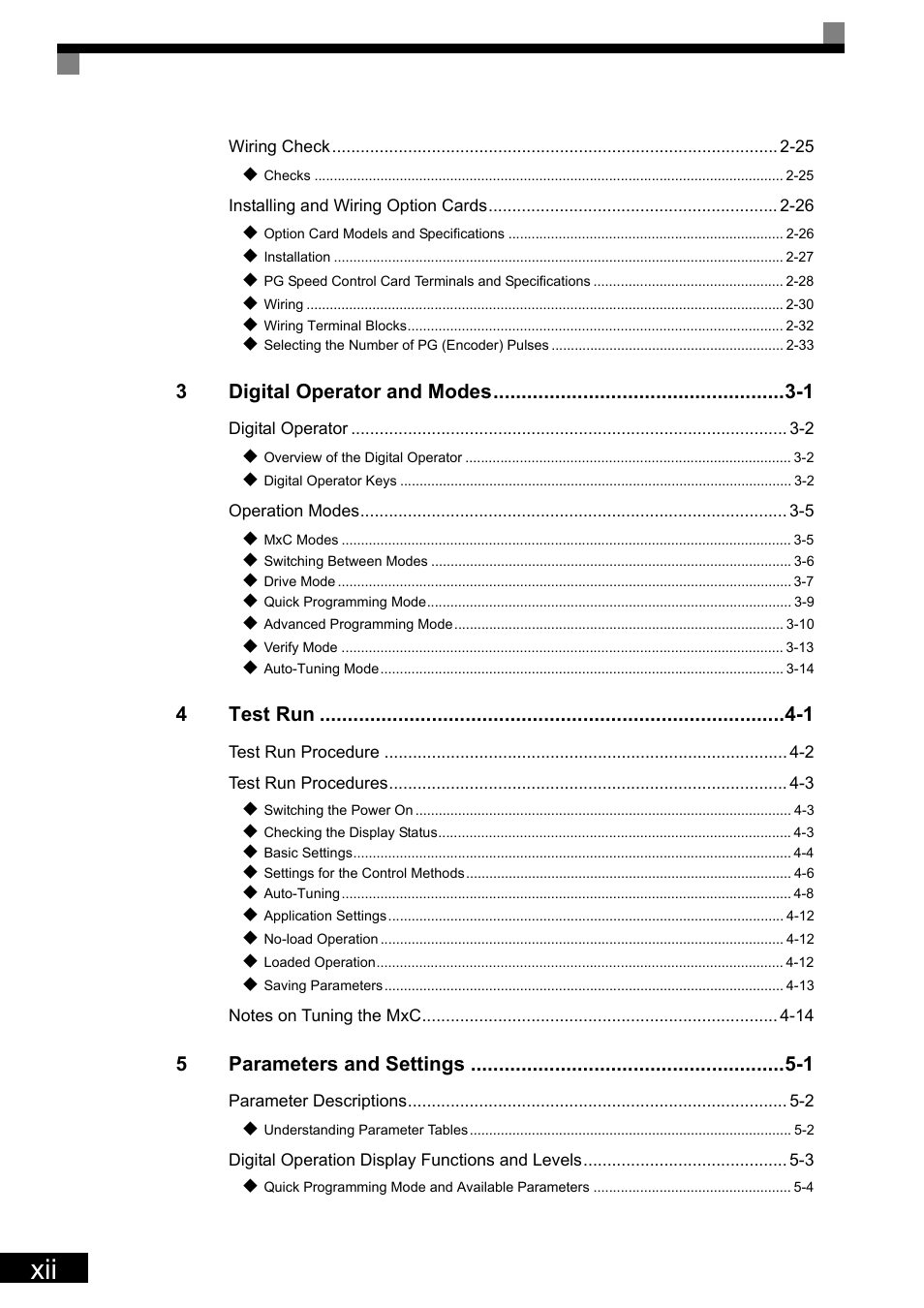 3digital operator and modes -1, 4test run -1, 5parameters and settings -1 | Yaskawa Matrix Converter User Manual | Page 14 / 398