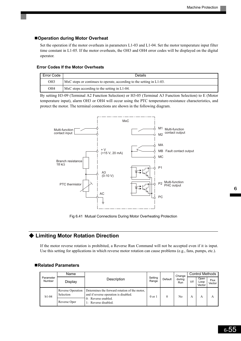 Limiting motor rotation direction, Operation during motor overheat, Related parameters | Yaskawa Matrix Converter User Manual | Page 220 / 398