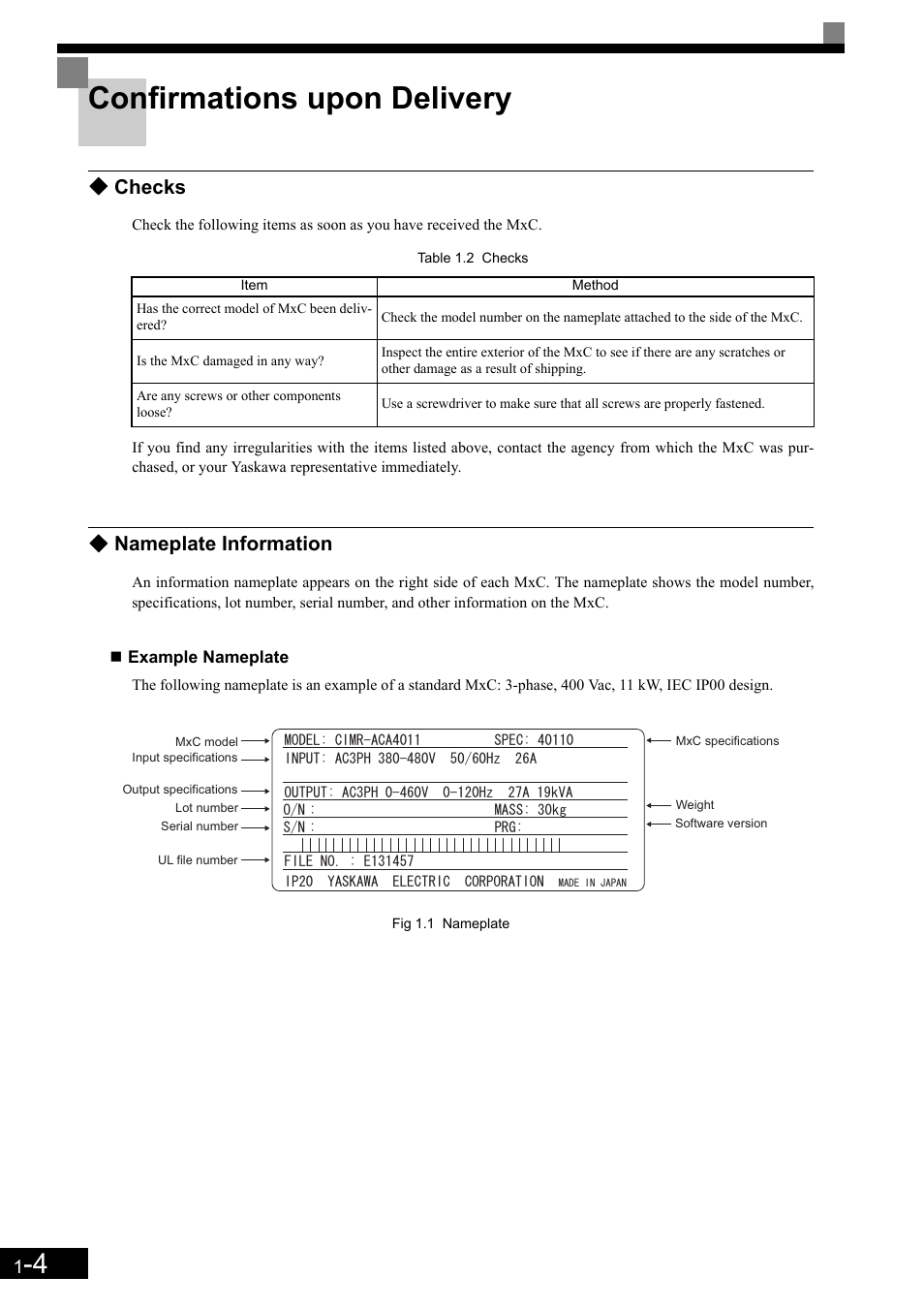 Confirmations upon delivery, Checks, Nameplate information | Yaskawa Matrix Converter User Manual | Page 23 / 398