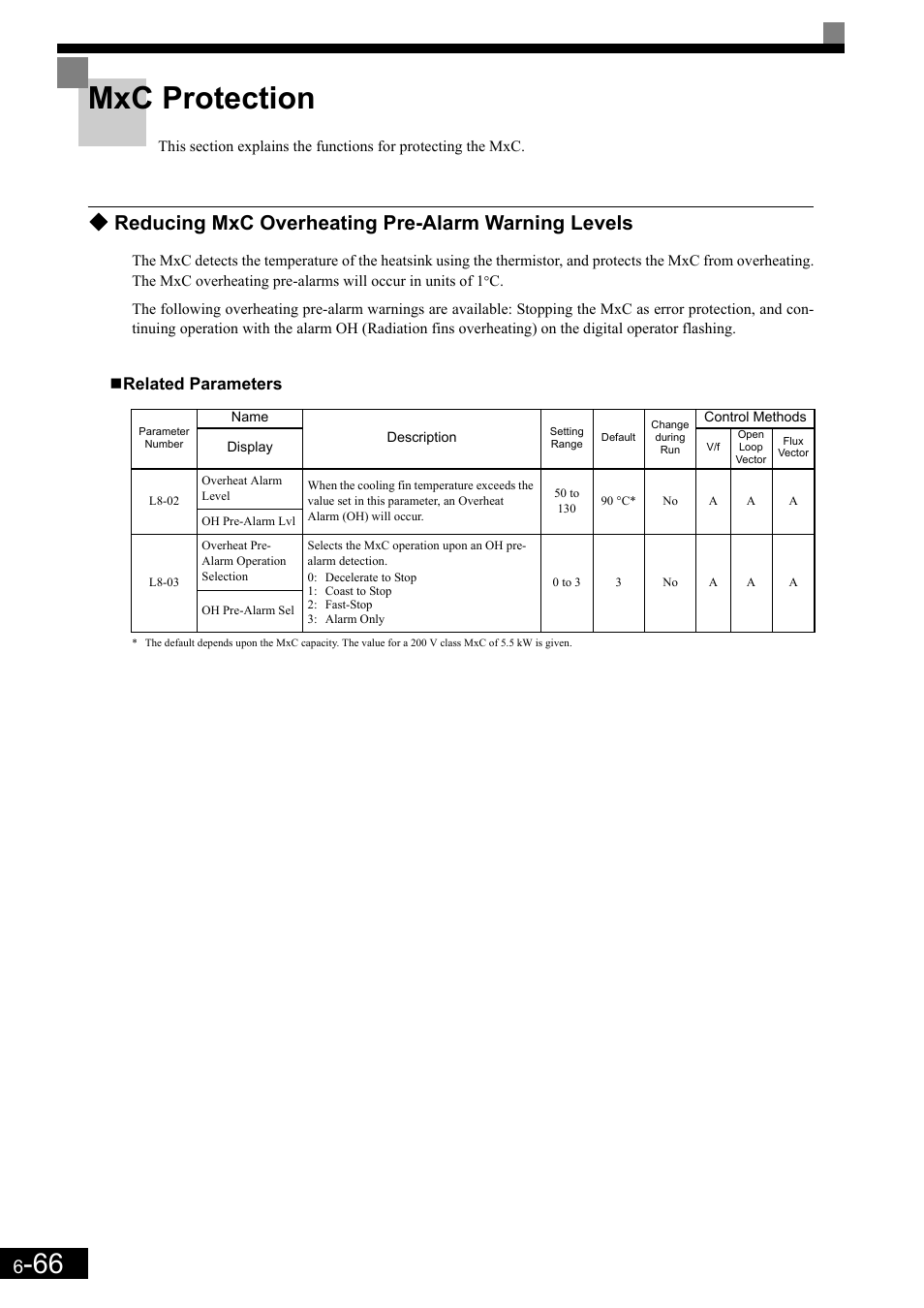 Mxc protection, Reducing mxc overheating pre-alarm warning levels, Related parameters | Yaskawa Matrix Converter User Manual | Page 231 / 398
