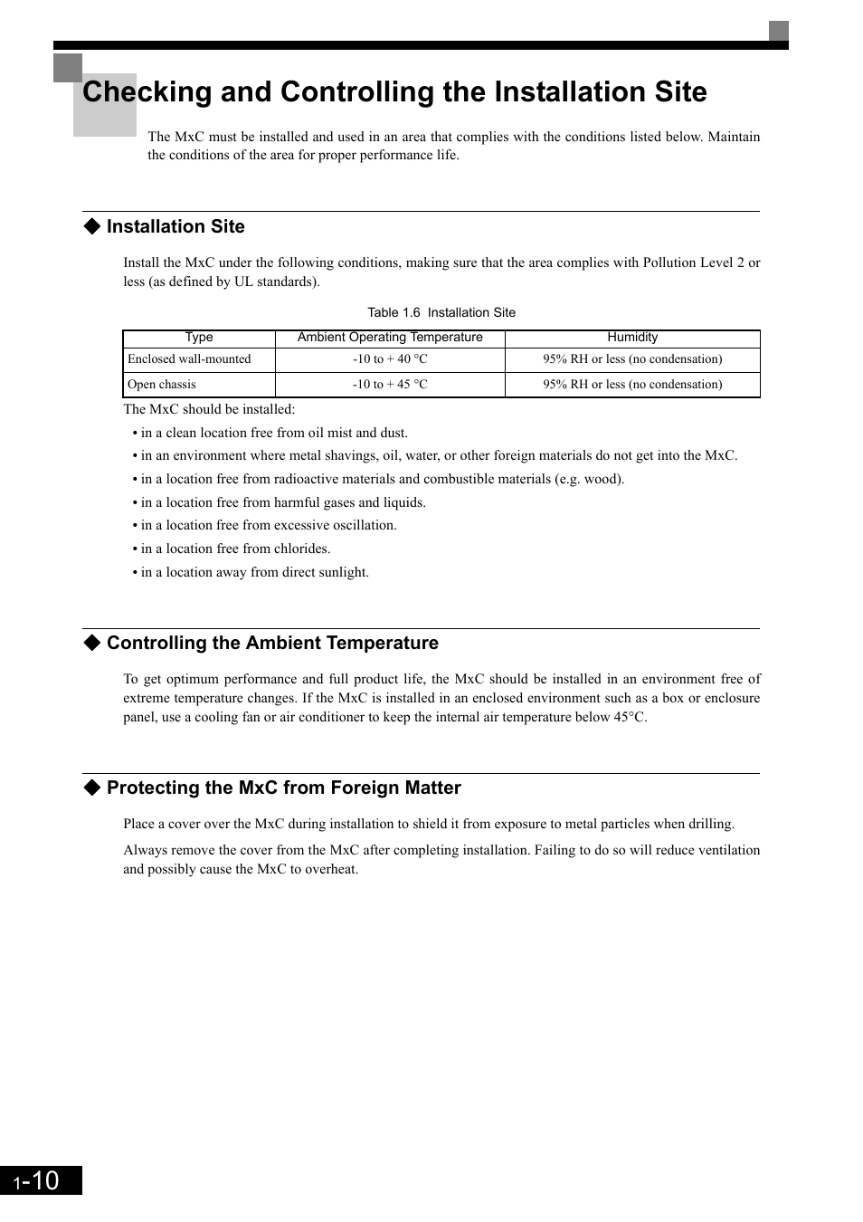 Checking and controlling the installation site, Installation site, Controlling the ambient temperature | Protecting the mxc from foreign matter | Yaskawa Matrix Converter User Manual | Page 29 / 398